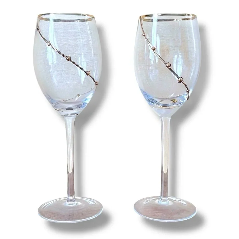 Vintage Pier 1 Gold Dot Swirl Wine Glasses Set of 2 Blown Glass 9